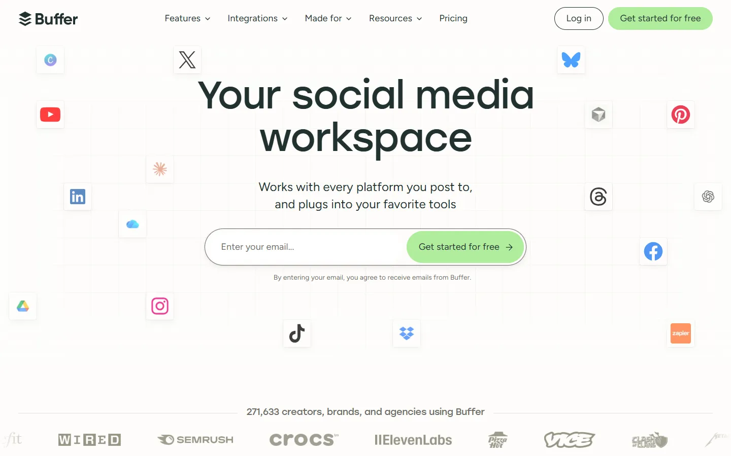 Buffer homepage presenting its social media workspace and supported platforms