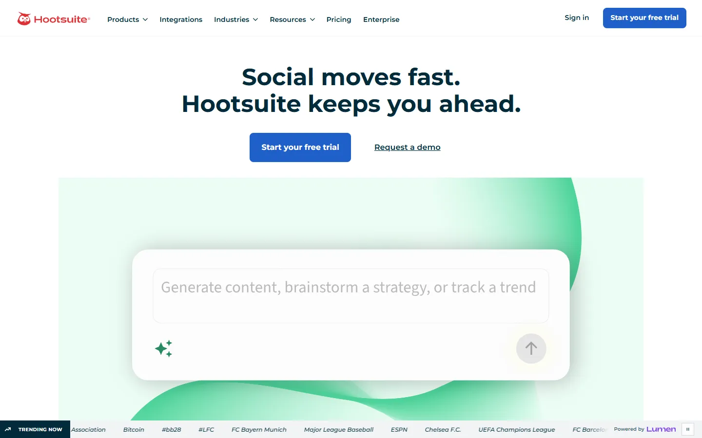 Hootsuite homepage with its AI prompt box for content, strategy, and trends