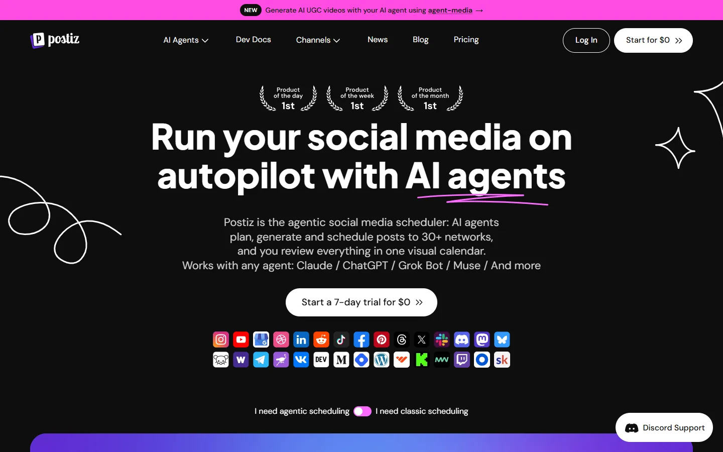 Postiz homepage describing agentic scheduling across 30+ networks