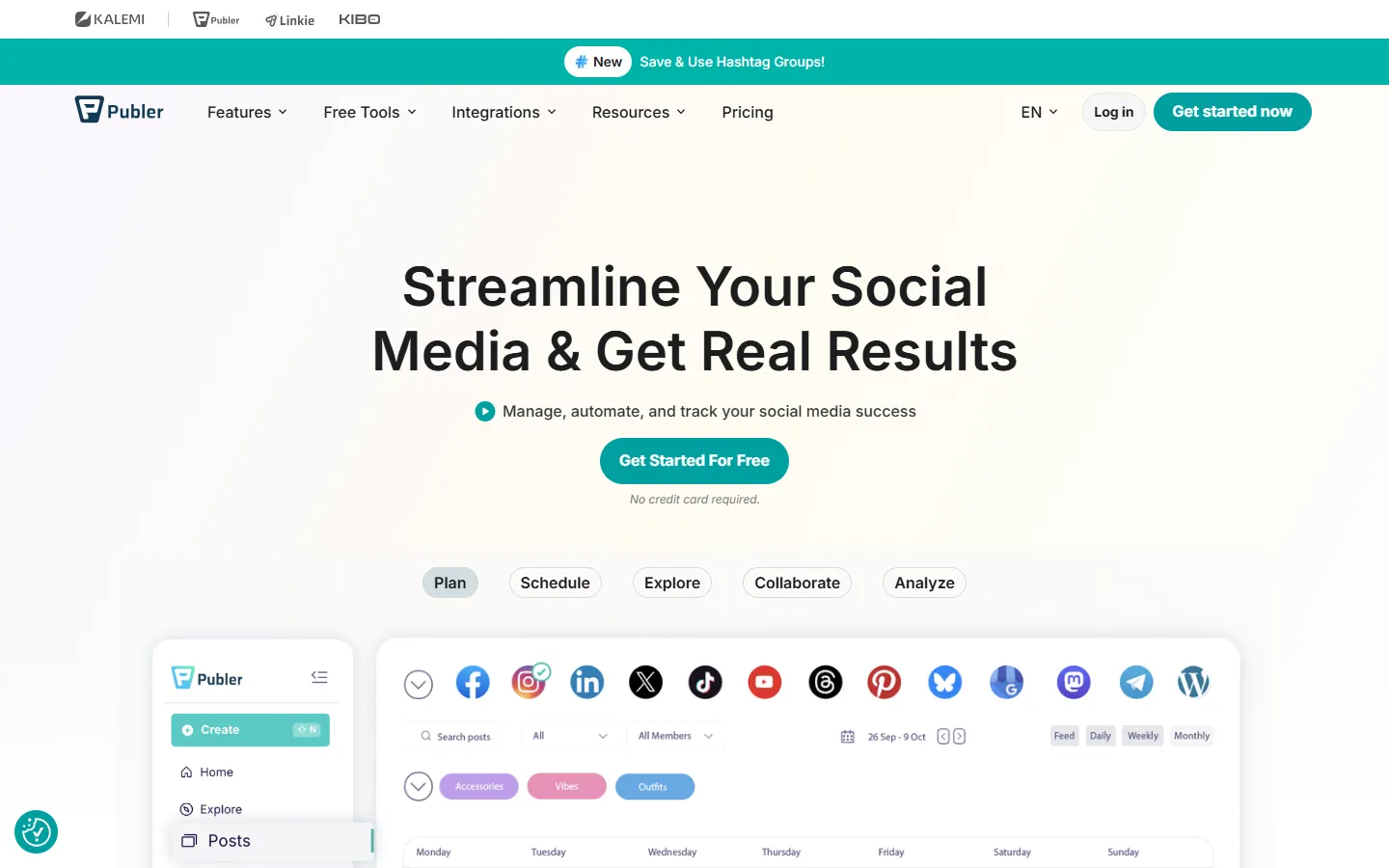 Publer homepage with its planning calendar and supported networks