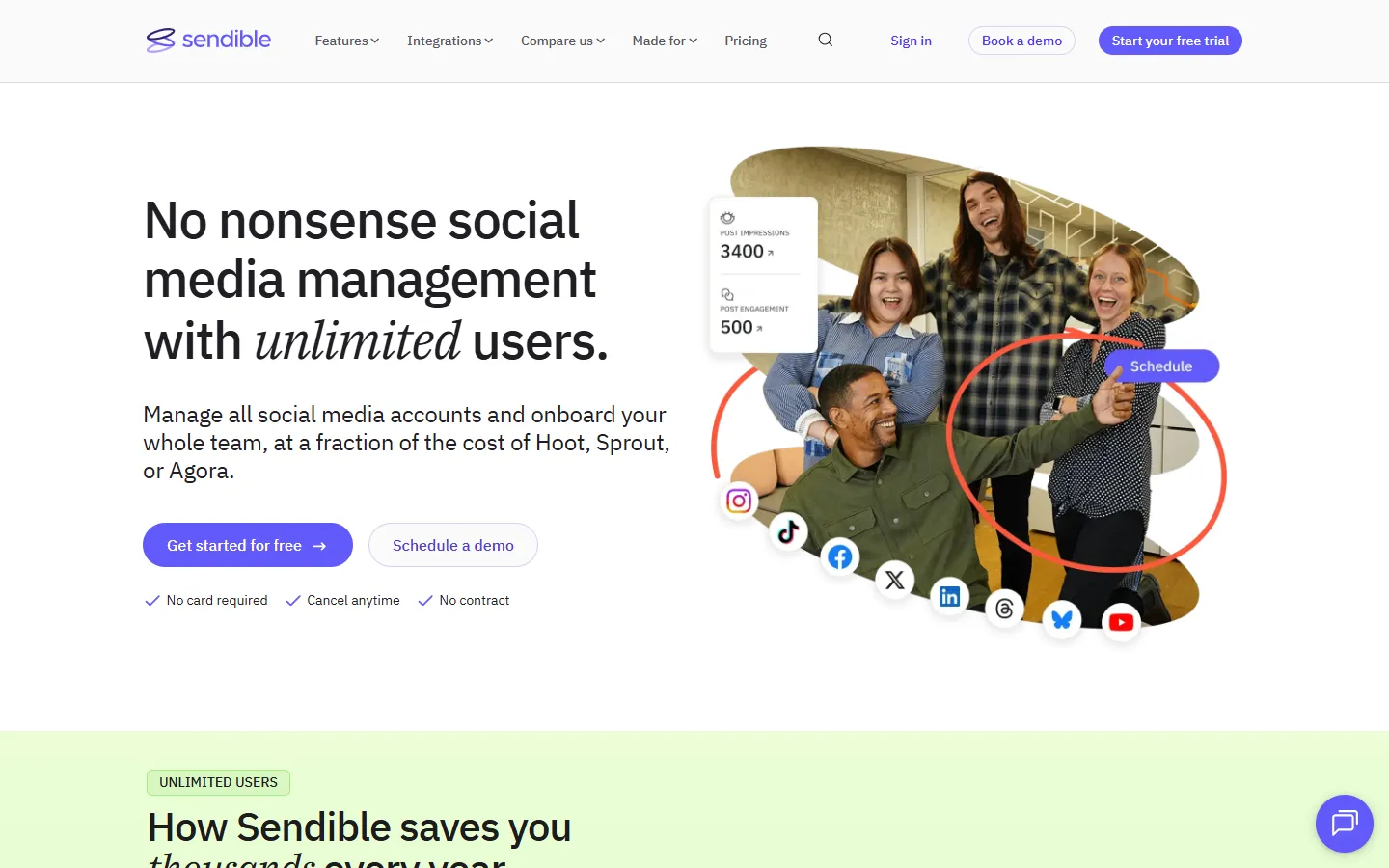 Sendible homepage promoting social media management with unlimited users