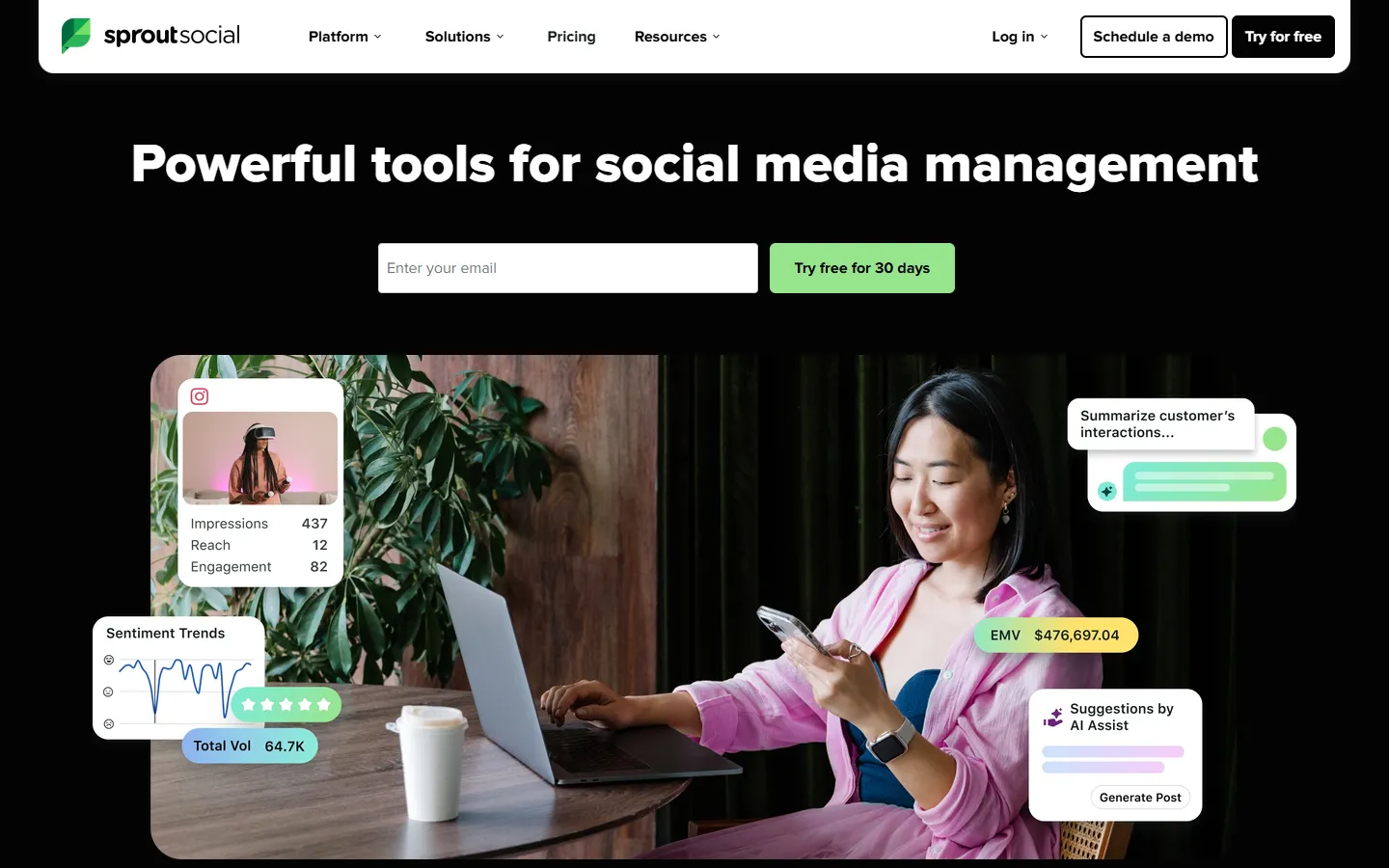 Sprout Social homepage with engagement and sentiment analytics cards